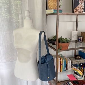Blue leather bucket bag